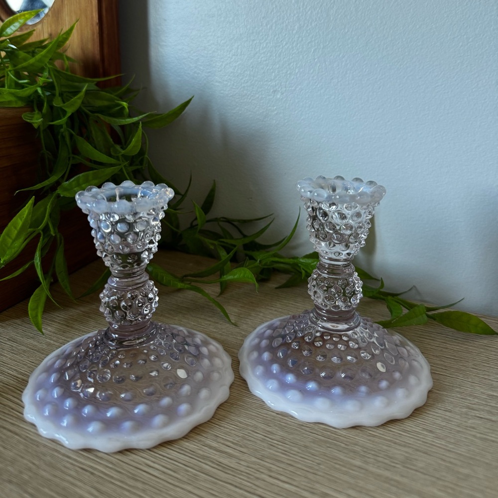 Elegant Pink Opalescent Glass Taper Candle Holders